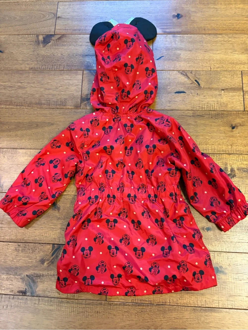 Disney Junior Minnie Mouse Rain Jacket Girls Sz 2T Red Hooded Zip Ears Gold Bow